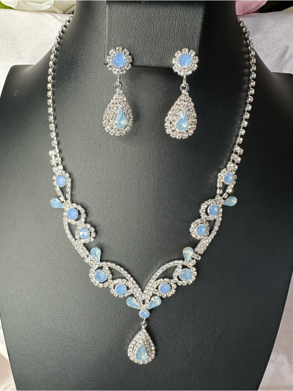 Ice Blue Crystal Necklace & Earrings Set Silver Tone | Bridal Prom Formal